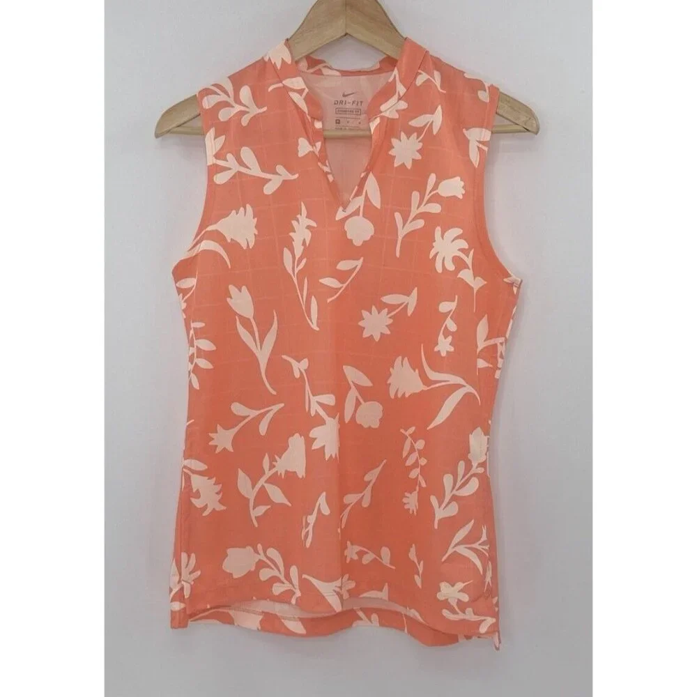 Nike Dri FIT Women’s Golf Polo Victory Mock Neck‎ Sleeveless Orange Floral Sz M